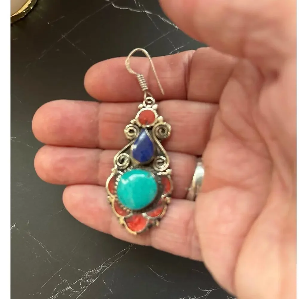 Tibetan Silver Turquoise Lapis Lazuli & Red Coral Dangle Earrings